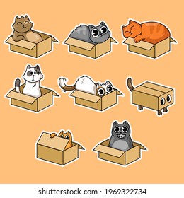 Cute cats in boxes stickers collection for t-shirt design. Cartoon funny kittens sitting in carton or cardboard boxes isolated vector illustrations. Animals, fun and pets concept