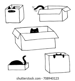 Cute cats in boxes - vector hand drawn illustration set