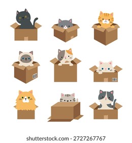 Cute cats in boxes vector illustration set featuring nine cats in cardboard boxes. Includes various poses, different breeds, and both long-haired and short-haired cats.