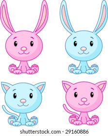 Gatos y conejitos. Ilustración del vector