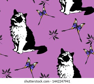 Cute cats and butterfly seamless pattern. Pet vector illustration. Cartoon cat images. Cute design for kids. Сhildren's pattern