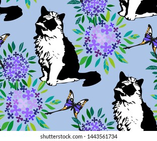 Cute cats and butterfly seamless pattern. Pet vector illustration. Cartoon cat images. Cute design for kids. Сhildren's pattern