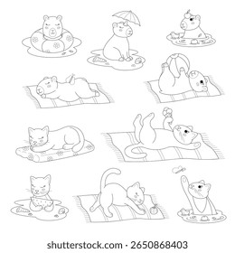 Cute cats and capybaras on the beach. Clip art for your projects.