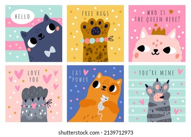 Cute cats cards. Funny little pets, paws with bracelets, kittens portraits with mouse, crown. Striped and spotted colors animals, square greeting and postcard, posters