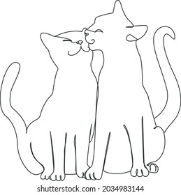 Cute cats are caressing. Kiss the seals. Vector line art illustration.