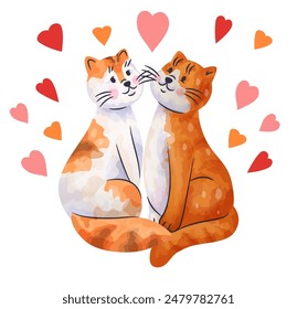 Cute cats. Cartoon animals sweet love. Romantic red hearts. Pets couple. Happy kittens meow. Friendly domestic fluffy animals. Adorable kitty characters. Lovely feline mammals. Vector valentine card