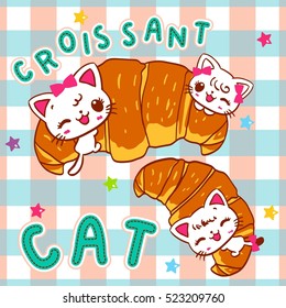 Cute cats cartoon with croissant on tartan background