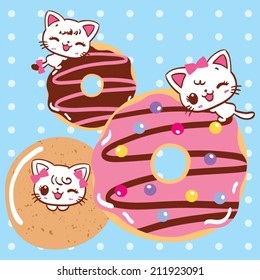 Cute Cats cartoon with donuts on blue polka dots background