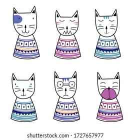 Cute cats cartoon set vector. Funny kitten illustration in sketch style. Cartoon animals background. It can be used for fabric, wallpaper, wrapping paper, textile, bedding, t-shirt print.