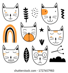 Cute cats cartoon set vector. Funny kitten illustration in sketch style. Cartoon animals background. It can be used for fabric, wallpaper, wrapping paper, textile, bedding, t-shirt print.