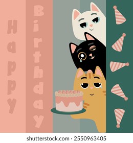 Cute Cats Celebrating a Birthday With Cake and Party Hats