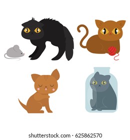 Cute cats character different pose funny animal domestic kitten vector illustration.