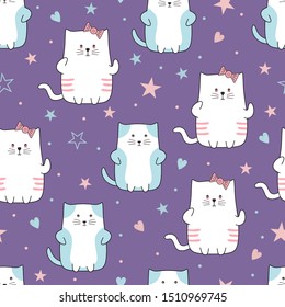 Cute cats character seamless pattern cartoon style. Funny cat animal drawing background vector illustration ready for baby and kids fashion textile print.