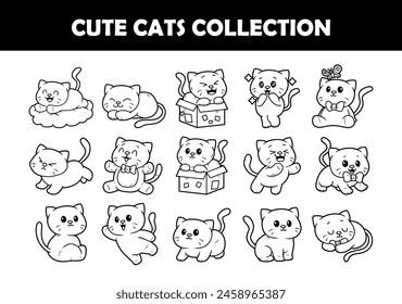 Cute cats character vector outline illustration set