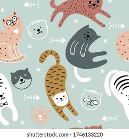 Cute cats childish seamless pattern. Background of colorful kittens. It can be used for textiles, wallpaper, packaging.