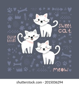 Cute cats. Children's vector background. Postcard, poster, clothing, fabric, wrapping paper, textiles.