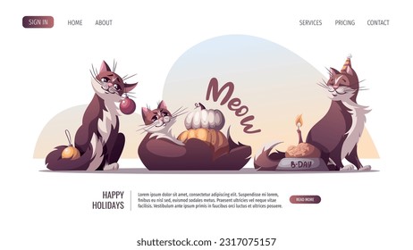 Cute cats with christmas balls, pumpkins, bowl of cat food. New Year, Christmas, Birthday, Thanksgiving celebration concept. Vector illustration for poster, banner, website.