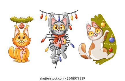 Cute cats Christmas characters climbing xmas fir tree, wrapped in garlands, wearing festive scarf