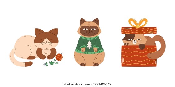 Cute Cats at Christmas Holidays. Funny Pets Feline Characters Hide in Gift Box, Play with Baubles, Wear Ugly with Xmas Sweater, Naughty Kitten Play and Fun. Cartoon Vector Illustration