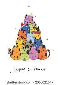 Cute cats Christmas tree silhouette. Funny greeting card for pet lovers.