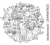 Cute cats circle shape coloring page. Doodle mandala with summer feline animals for coloring book. Outline background. Vector illustration