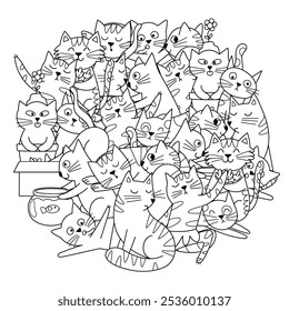 Cute cats circle shape coloring page. Doodle mandala with funny feline animals for coloring book. Outline background. Vector illustration