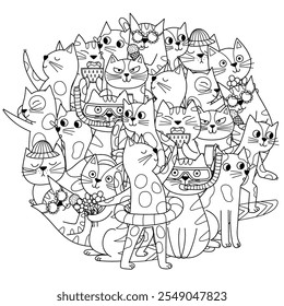 Cute cats circle shape coloring page. Doodle mandala with summer feline animals for coloring book. Outline background. Vector illustration