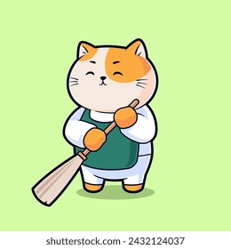 Cute cats cleaning with broomstick icon vector illustration. Flat design cartoon mascot vector.