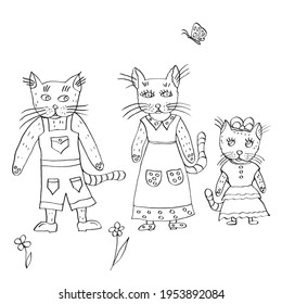 cute cats in clothes drawn in doodle style. The item is drawn by hand. Print for coloring, t-shirt, cup, baby clothes. Black cute cartoon. Vector illustration on a white isolated background.