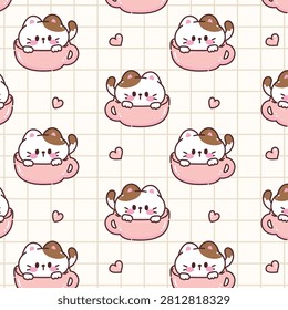 Cute Cats in Coffee Cups with Hearts and Paw Prints seamless pattern. Hand drawn cute cartoon Cat in a cup doodle background