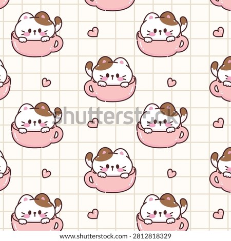 Cute Cats in Coffee Cups with Hearts and Paw Prints seamless pattern. Hand drawn cute cartoon Cat in a cup doodle background
