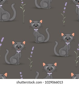 Cute cats with the collar colorful seamless pattern background with lavender on grey background. Cartoon vector wallpaper for fabric, notebooks, notebooks.