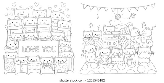 Cute cats collection for print on product and coloring book pages. Vector illustration