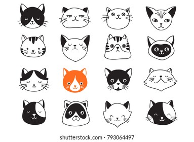 Cute cats collection, vector icons, hand drawn illustrations