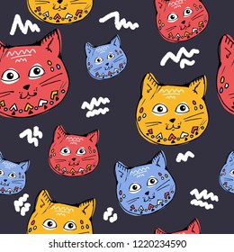 Cute cats colorful seamless pattern background, green, red, blue and yellow colors, kids style. Hand drawing. background for greeting cards, wallpaper, print on fabric