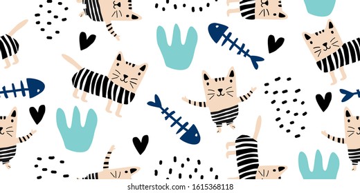 Cute cats colorful seamless pattern background. Scandinavian hand drawn funny animal pet with unique character. Good for baby and kids fashion, apparel, and textile print.