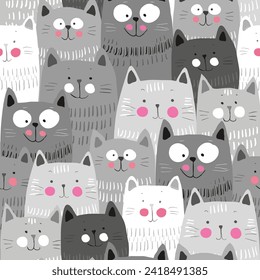 Cute cats, colorful seamless pattern background with cats, hand drawn pattern