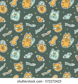 Cute cats colorful seamless pattern. Cartoon vector seamless wallpaper. Hipster pet.
