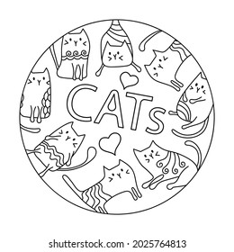 Cute cats coloring book. Hand drawn vector illustration in circle.