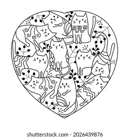 Cute cats coloring book. Hand drawn heart and animals. peta and plants. Vector illustration.