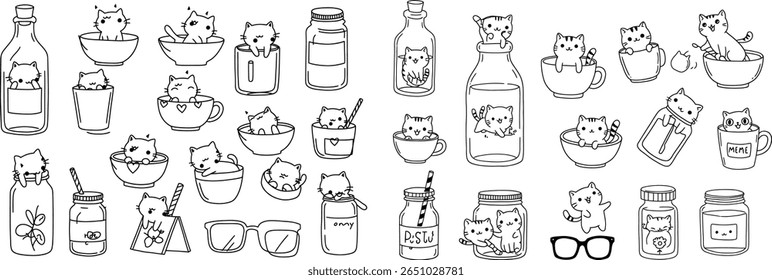 Cute Cats in Containers Cartoon Style Black and White Seamless Pattern Illustration