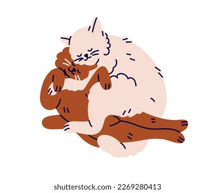 Cute cats couple asleep. Happy kitties sleeping together, hugging in funny pose. Sleepy feline friends in love. Sweet pussies relaxing, embracing. Flat vector illustration isolated on white background