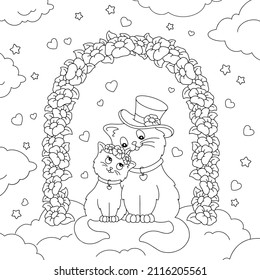 Cute cats couple in love. Coloring book page for kids. Cartoon style character. Vector illustration isolated on white background. Valentine's Day.