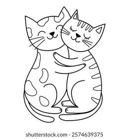 Cute cats couple in love in outline. Happy feline characters for romantic and Valentine's Day prints or coloring pages. Vector illustration