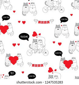 Cute cats. Couple in love. Valentines day seamless pattern. Hand drawn line art. Vector