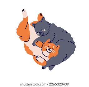 Cute cats couple sleeping, hugging. Happy sweet sleepy lazy kitties in love lying together, embracing. Adorable feline animal asleep, top view. Flat vector illustration isolated on white background