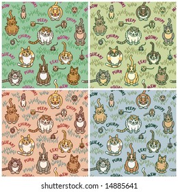 Cute cats and critters seamless pattern in four color-ways. 8" repeat. Font used is my own creation. Hi-res .jpeg also available.