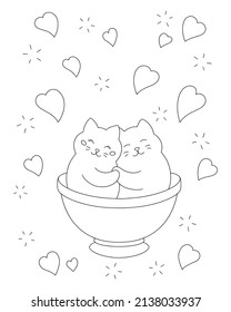 Cute cats in a cup. Coloring book page for kids. Valentine's Day. Cartoon style character. Vector illustration isolated on white background.