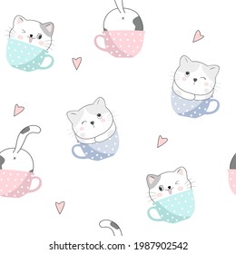 Cute cats in cups Seamless Pattern  Cartoon Animals Background  Vector Illustration