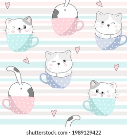 Cute cats in cups Seamless Pattern, Cartoon Animals Background, Vector Illustration